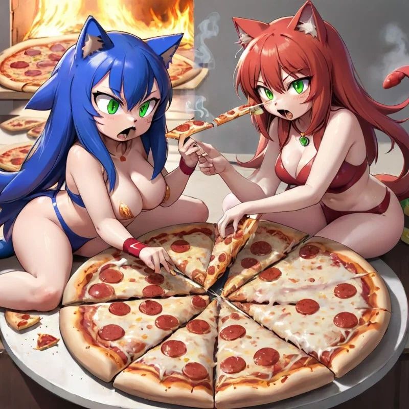 Two catgirls one pizza